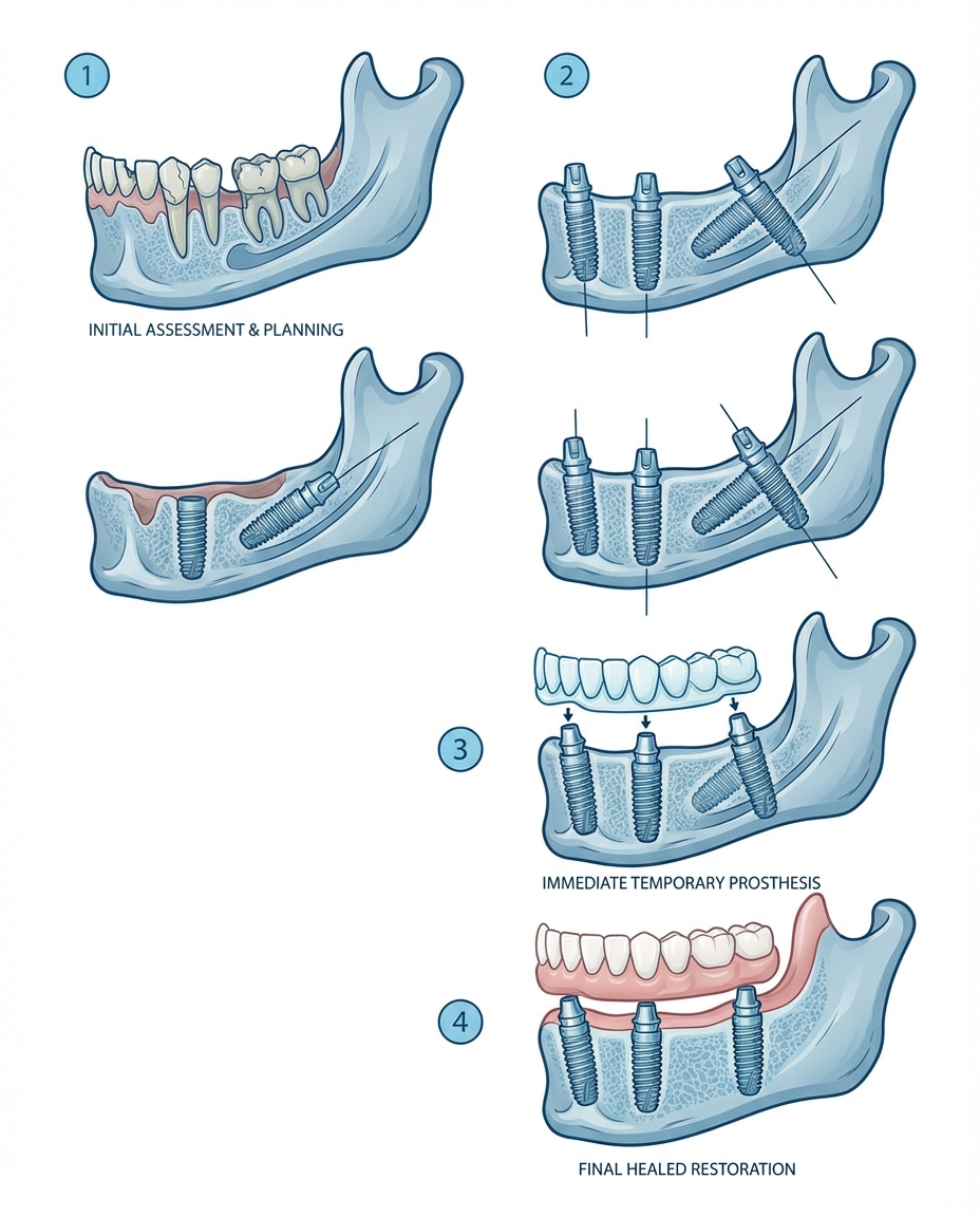 all-on-4 dental implants procedure steps and process diagram