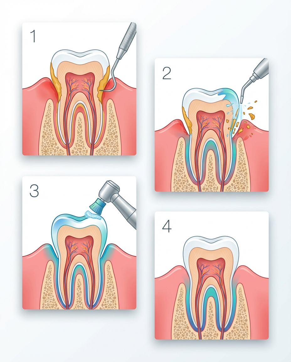 Teeth cleaning procedure steps and timeline diagram