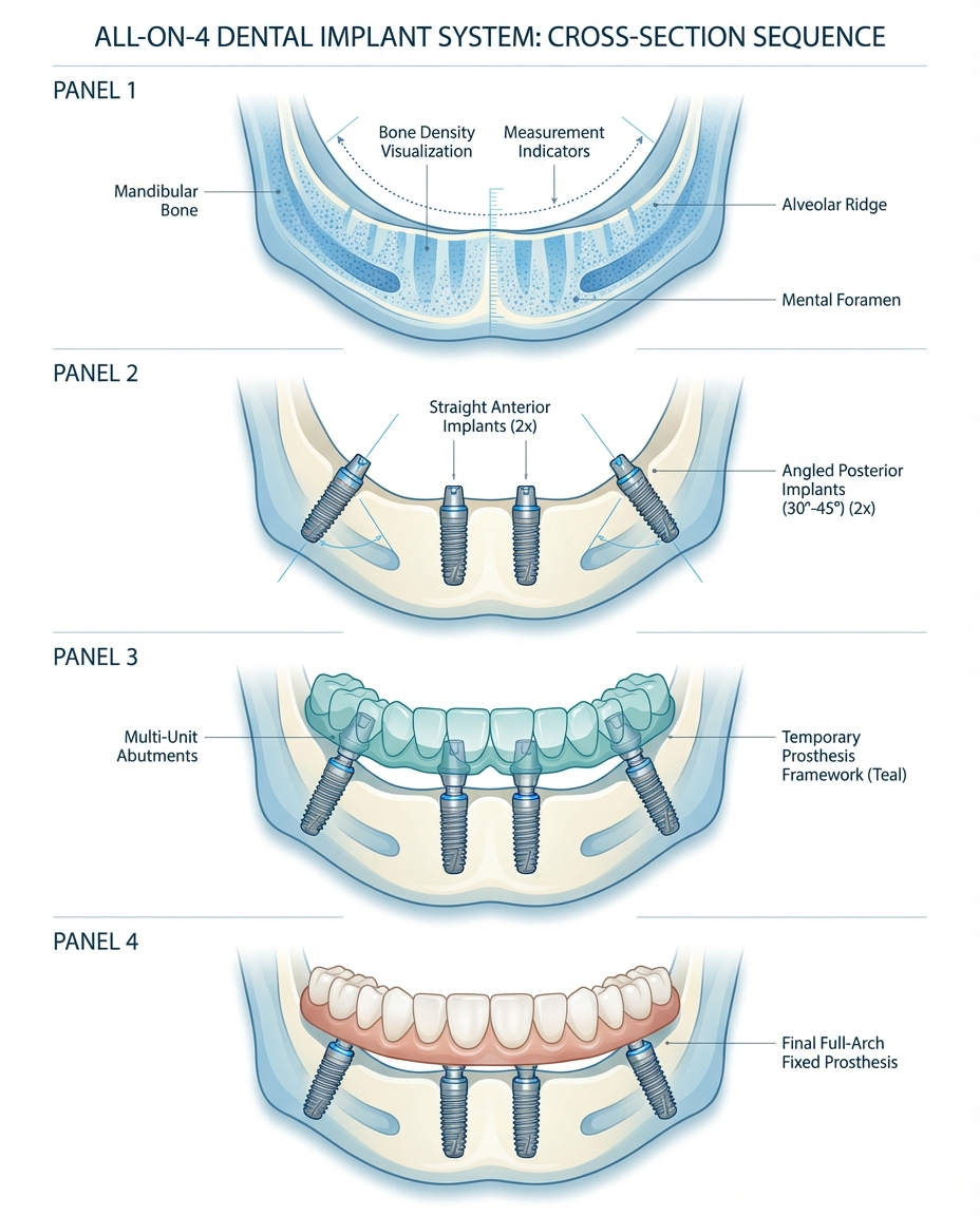 all-on-4 dental implants procedure steps and process diagram
