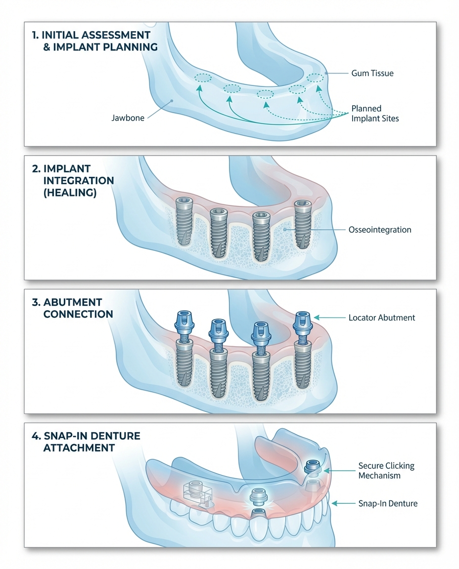 snap-in dentures cost procedure steps and process diagram