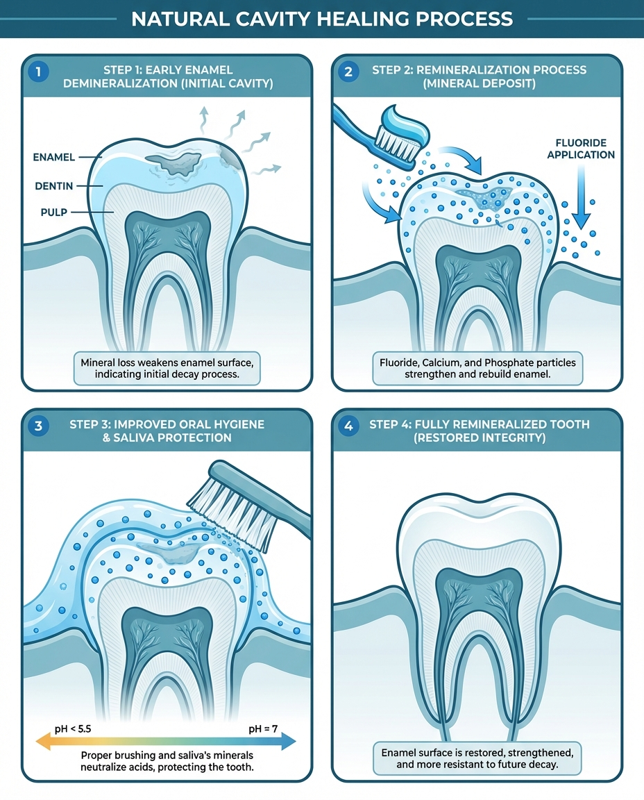 Step-by-step guide to remineralization process showing how to heal a cavity without fillings