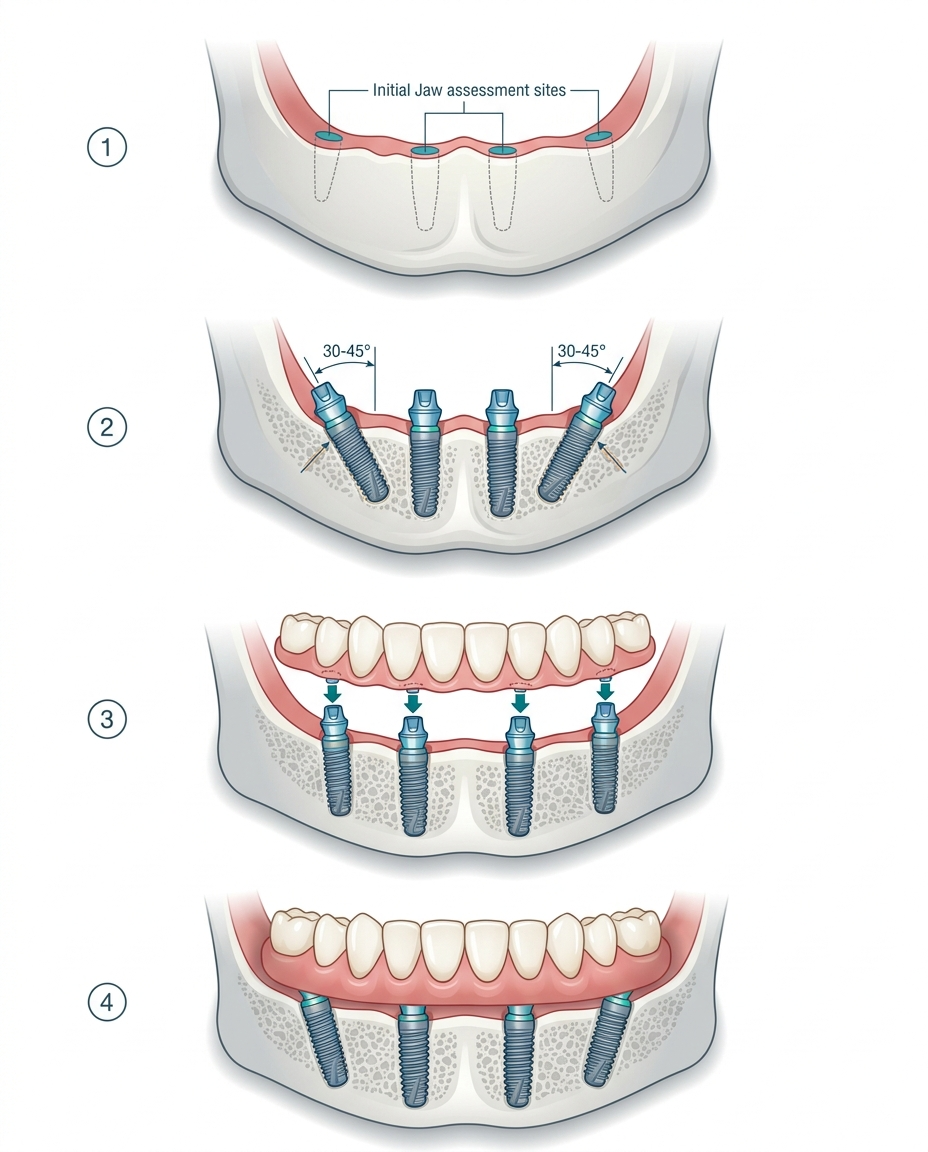 all-on-4 dental implants procedure steps and process diagram