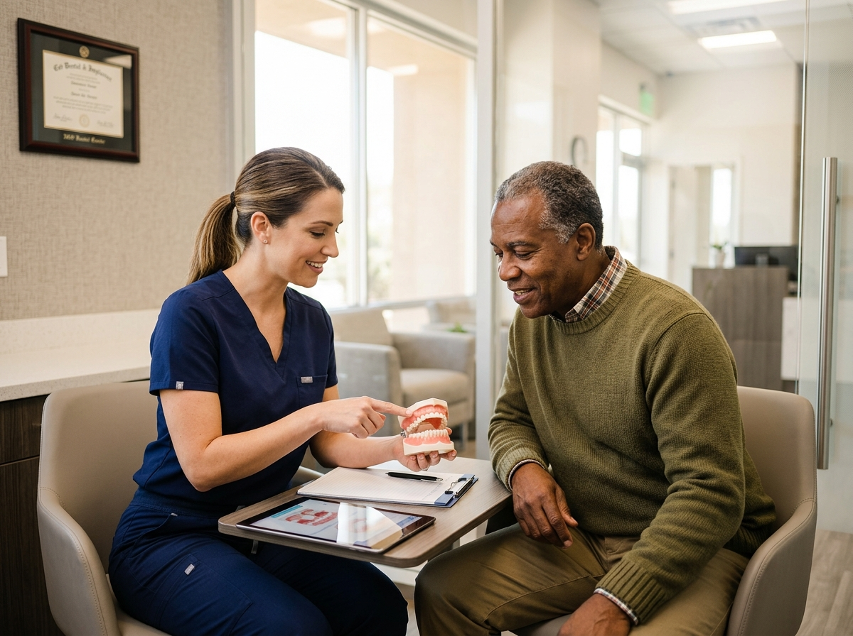 Patient managing comfort after dentures treatment at IGO Dental