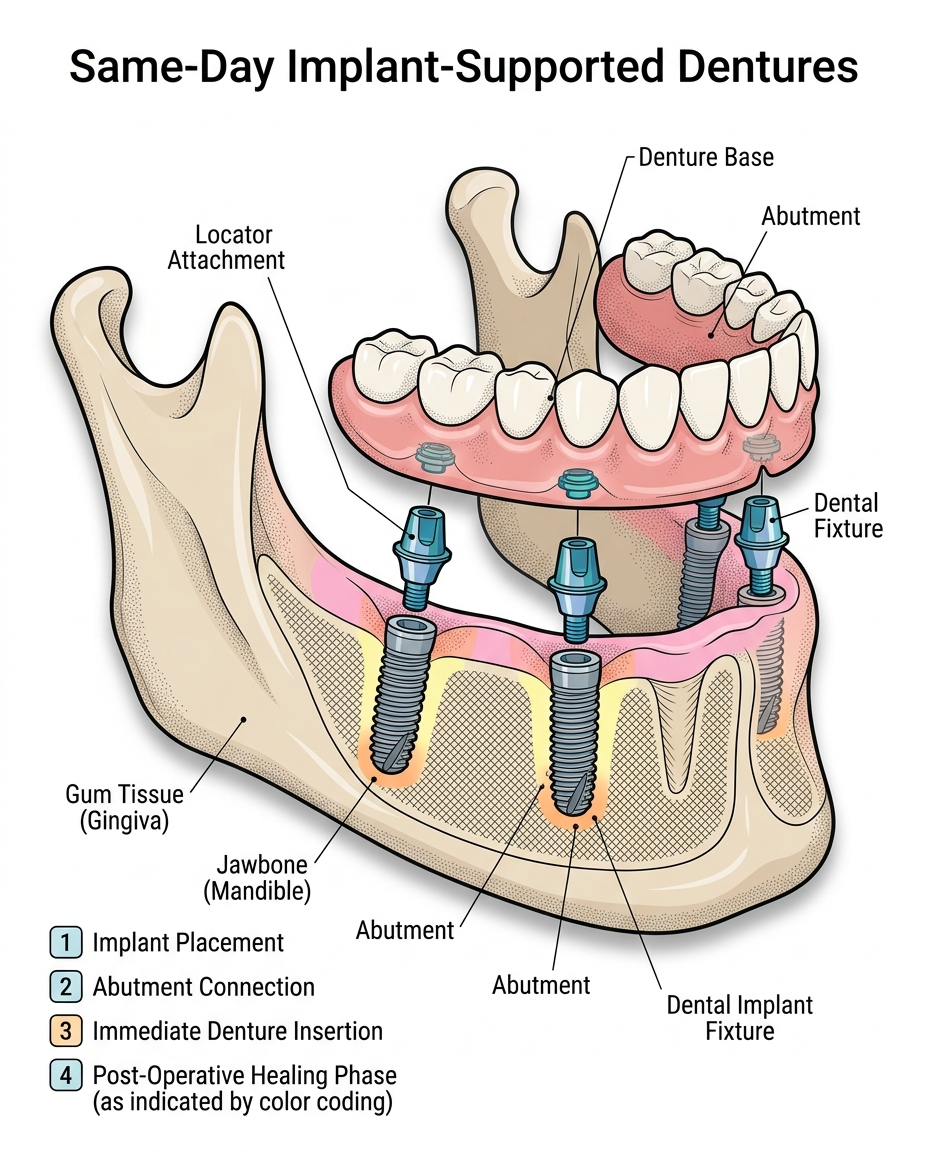 same-day dentures pain recovery timeline and healing stages diagram