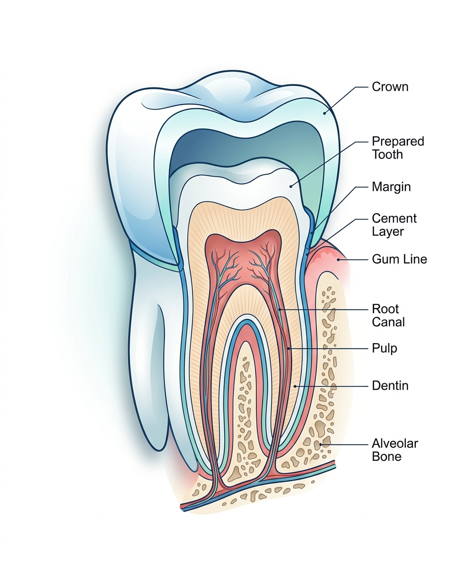 Dental crown procedure steps and process diagram showing preparation and placement